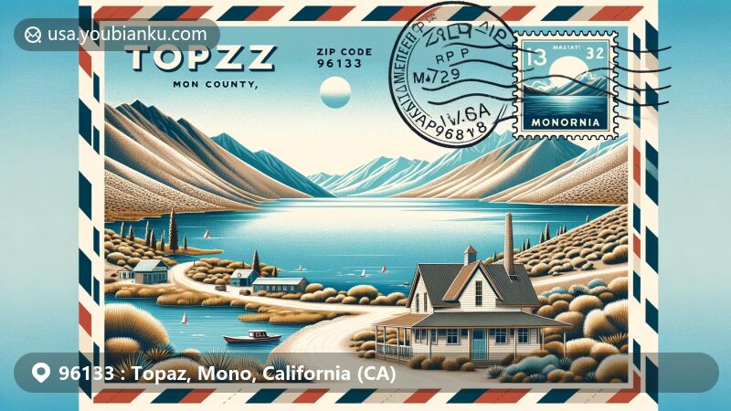 Modern illustration of ZIP Code 96133, Topaz, Mono County, California, showcasing Topaz Lake and surrounding natural beauty, featuring air mail envelope with California state flag stamp, postmark with ZIP Code 96133, and quaint Topaz Post Office.