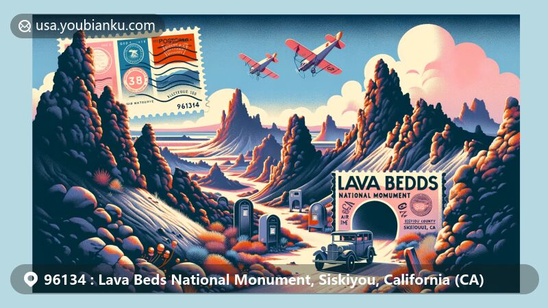 Modern illustration of Lava Beds National Monument, Siskiyou County, California, showcasing postal theme with ZIP code 96134, featuring iconic volcanic rock formations and cave entrances.