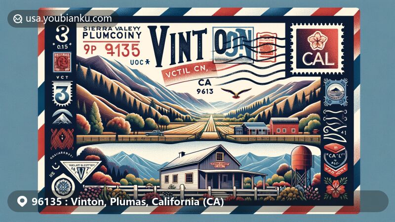 Modern illustration of Vinton, Plumas County, California, featuring Sierra Valley Grange #466 and scenic Sierra Valley with mountains, capturing the town's elevation and natural beauty, integrated into a postcard design with postal elements.
