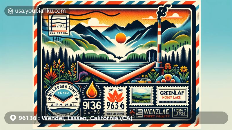 Modern illustration of Wendel, Lassen County, California, with ZIP code 96136, depicting the area's natural beauty, including mountains, forests, and hot springs, combined with postal elements.