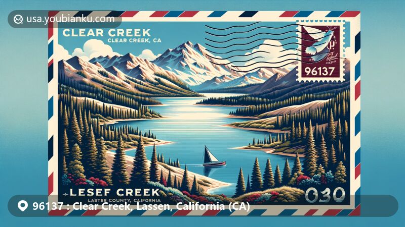 Modern illustration of Clear Creek, Lassen County, California, blending serene natural landscapes with postal elements, featuring 96137 ZIP code region and iconic postal motifs.