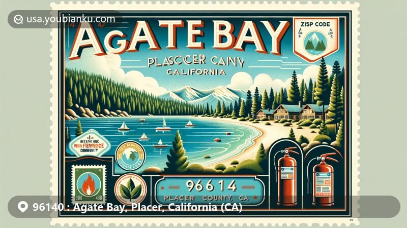 Modern illustration of Agate Bay, Placer County, California, capturing the scenic beauty of Lake Tahoe with symbolic elements like pine trees and clear blue waters, showcasing community's commitment to fire safety as a Firewise Community, vintage postcard design featuring ZIP Code 96140, 'Agate Bay, CA', and icons of a fire extinguisher and green leaf in a postal theme.
