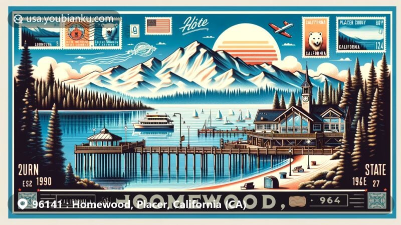 Modern illustration of Homewood, California, with ZIP code 96141, showcasing Homewood Mountain Resort against the backdrop of Lake Tahoe, featuring snowy peaks, ski lifts, a vintage postcard layout, California state symbols, and a deck extending into the lake.