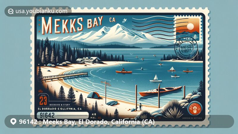Modern illustration of Meeks Bay, El Dorado County, California, featuring postal theme with ZIP code 96142, showcasing serene beauty of Lake Tahoe, Sierra Nevada mountains, sandy beaches, and outdoor recreation activities.