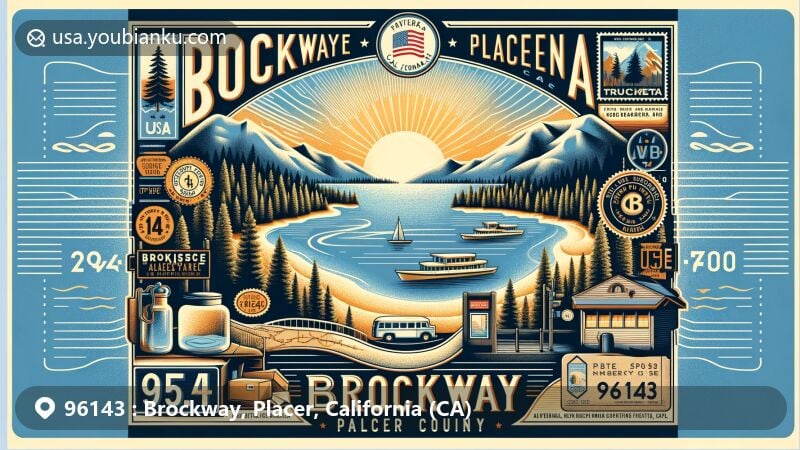 Vibrant illustration of Brockway, Placer County, California, capturing postal heritage and natural beauty near Lake Tahoe, depicting historical elements like early American immigrants and hot springs, featuring vintage postcard layout with postal artifacts.