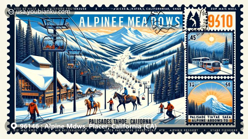 Modern illustration of Alpine Meadows, Placer County, California, showcasing Palisades Tahoe Alpine Meadows with snowy slopes, ski lifts, and skiers under sunny skies. A family enjoys a horseback ride through Tahoe National Forest, highlighting the area's family-friendly outdoor adventures. The illustration integrates an air mail envelope theme with the ZIP code 96146.