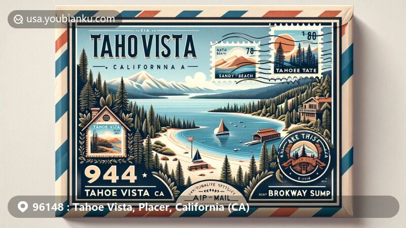 Modern illustration of Tahoe Vista, Placer County, California, featuring ZIP code 96148 and iconic views of Lake Tahoe's north shore, Sandy Beach, and Brockway Summit trail.