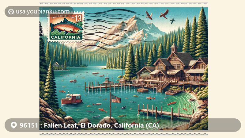 Creative illustration of Fallen Leaf, California, blending natural and historical landmarks in a vintage postcard with ZIP code 96151, featuring Fallen Leaf Lake, Mount Tallac, Glen Alpine Falls, General Store, Stanford Sierra Camp, and conifer forests.