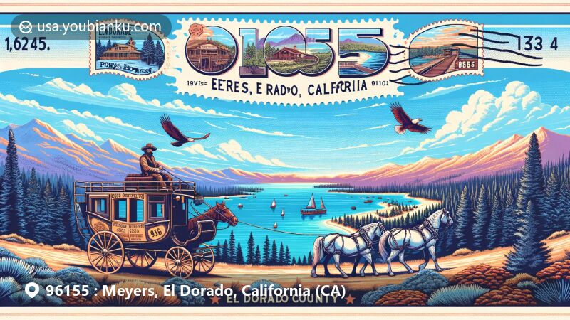 Modern illustration of Meyers, El Dorado County, California, inspired by ZIP code 96155, showcasing historical and cultural essence with iconic elements of El Dorado County and Lake Tahoe.
