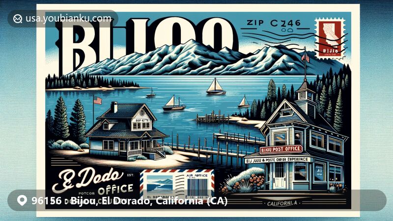 Modern illustration of Bijou, El Dorado County, California, showcasing Lake Tahoe's deep blues and greens with majestic mountains in the background, vintage post office, air mail envelope, and postal stamp with ZIP code 96156.