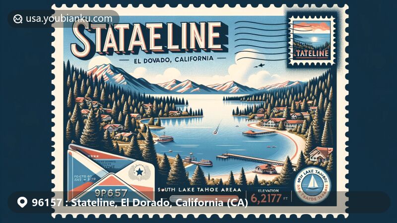 Modern illustration of Stateline, El Dorado, California, showcasing natural beauty and postal elements for ZIP code 96157, including Lake Tahoe, pine trees, and mountain landscapes.