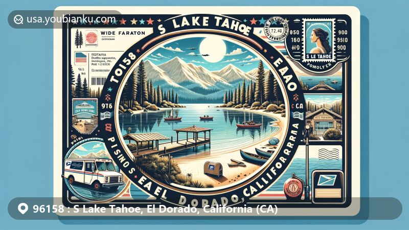 Modern illustration of S Lake Tahoe, El Dorado, California, blending regional and postal themes with iconic Lake Tahoe and panoramic mountains, showcasing the area's natural beauty and postal service.