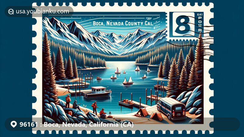 Modern illustration of Boca, Nevada County, California, showcasing the picturesque Boca Reservoir surrounded by the Sierra Nevada mountains, with postal elements like an airmail envelope and stamp with ZIP code 96161.