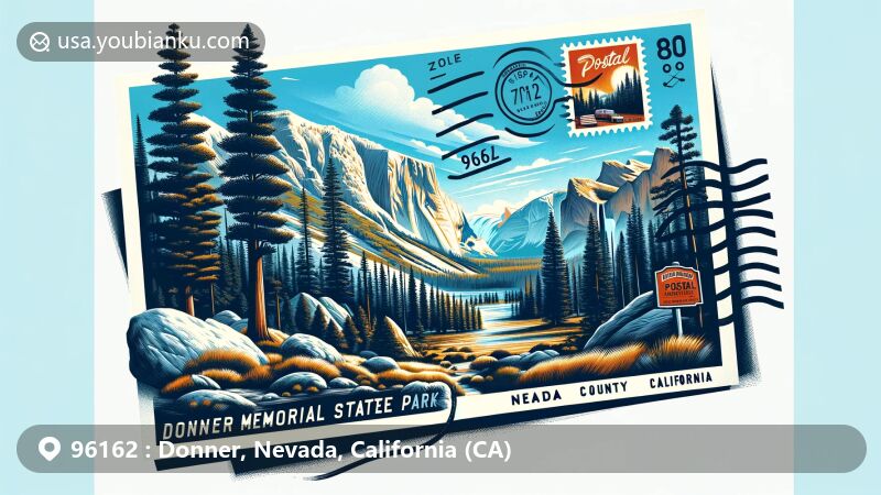 Modern illustration of Donner area, Nevada County, California, integrating postal theme with ZIP code 96162, showcasing Donner Memorial State Park, Donner Pass, and postal symbols in vibrant colors.