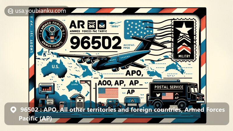 Modern illustration of APO, AP ZIP Code 96502, combining military and postal themes, featuring airmail envelope, stamp, postmark, Pacific map with Guam and Hawaii, American flag, mailbox, and mail delivery vehicle.
