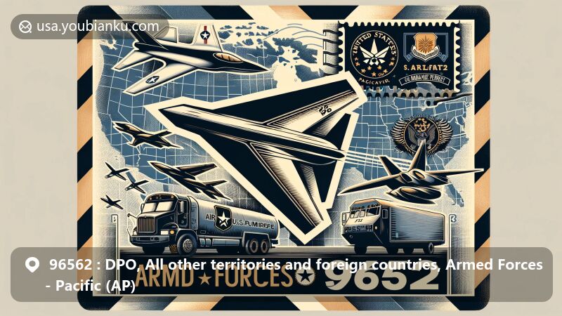 Modern illustration of military mail theme with '96562' postal code design, featuring iconic symbols of the US Air Force including B-2A Spirit stealth bomber, F-22A Raptor, and C-17 Globemasters, showcasing their importance in air superiority, global mobility, and striking capabilities.