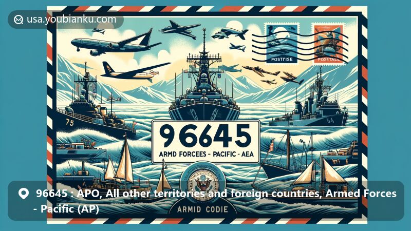 Modern illustration of Pacific region military power with postal elements, showcasing ships and airplanes symbolizing the Pacific Ocean, stamps, postmark, and ZIP code 96645.