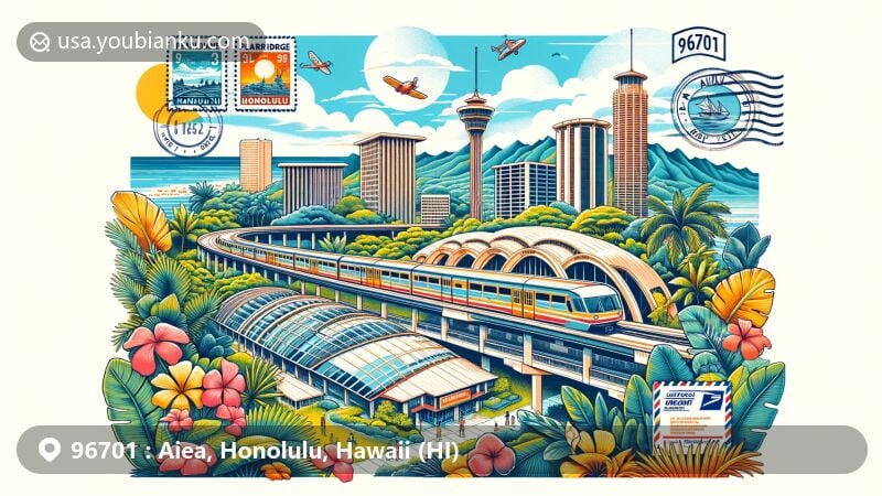 Modern illustration of the 96701 postal code area in Aiea, Honolulu County, Hawaii, featuring Pearlridge shopping center, Aloha Stadium, Keaiwa Heiau State Recreation Area, and vintage postal elements.