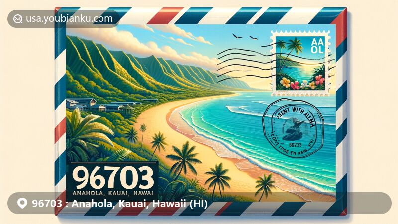 Modern illustration of Anahola Beach, Kauai, Hawaii, featuring a creatively designed airmail envelope with ZIP Code 96703 and a special postmark symbolizing love and peace from Hawaii.