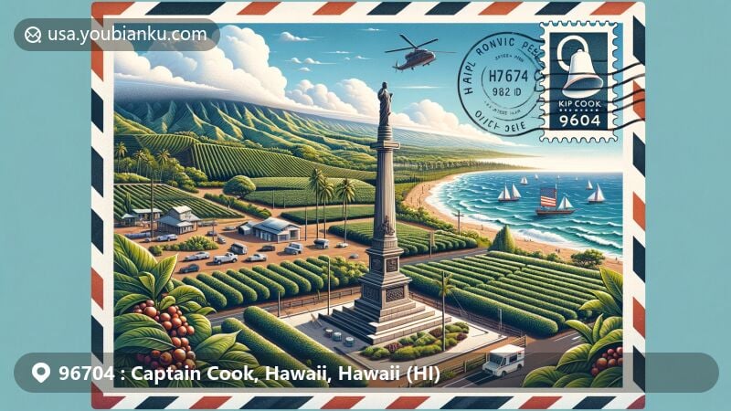 Modern illustration of Captain Cook, Hawaii, showcasing postal theme with ZIP code 96704, featuring Captain Cook Monument, coffee plantations, and Pebble Beach.