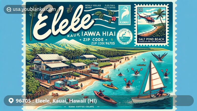 Modern illustration of Eleele, Kauai, Hawaii, featuring ZIP code 96705, showcasing scenic beauty, activities like kayaking, snorkeling, and coffee plantations, with Salt Pond Beach Park and Port Allen highlighted.