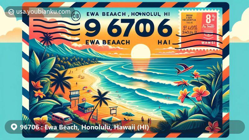 Modern illustration of Ewa Beach, Honolulu, HI, using postal theme for ZIP code 96706, capturing tropical essence with Pacific Ocean, beach scene, palm trees, and sunset.