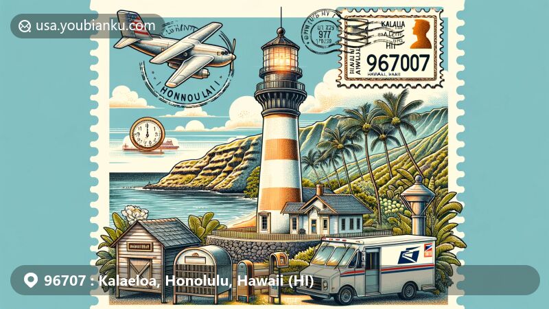 Modern illustration of Kalaeloa, Honolulu, Hawaii, showcasing postal theme with ZIP code 96707, featuring Barber's Point Lighthouse, Kalaeloa Heritage Park, and Hawaii's natural beauty.