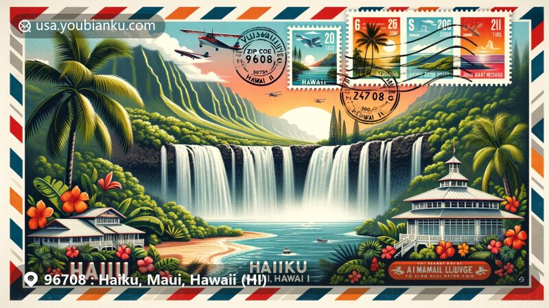 Modern illustration of Haiku, Maui, Hawaii, featuring Twin Falls and postal theme with ZIP code 96708. Includes vintage stamps of palm trees, surfboards, and Hawaii state flag.