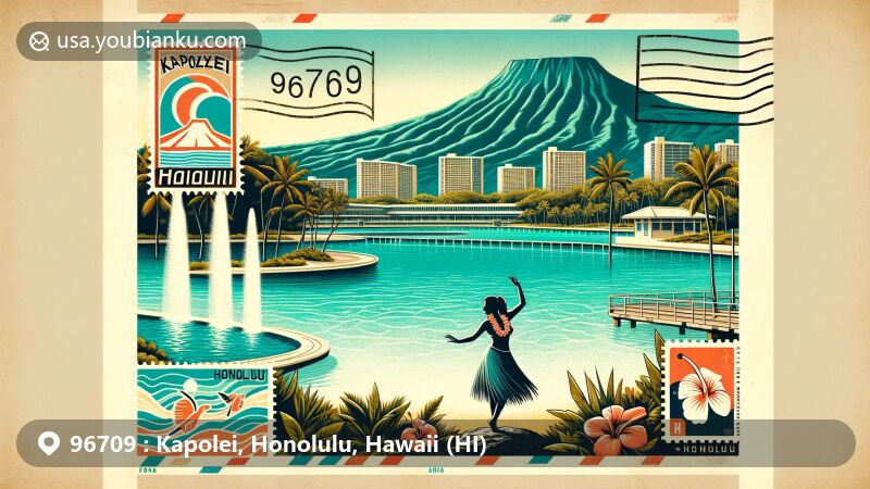 Modern illustration of Kapolei, Honolulu, Hawaii, featuring ZIP code 96709, showcasing Ko Olina Lagoons and Hawaiian cultural symbols.