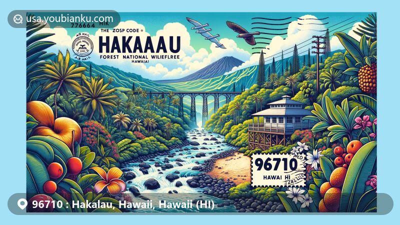 Modern illustration of Hakalau, Hawaii, showcasing historic Hakalau Bridge, remnants of old sugar plantation, and lush tropical landscape of Hamakua Coast.