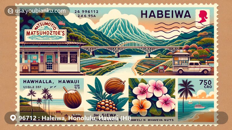 Modern illustration of Haleiwa, Honolulu, Hawaii, featuring Rainbow Bridge, Matsumoto's Shave Ice, Waimea Valley, Hawaiian macadamia nuts, and postal elements like vintage postcard layout with Hawaii state flag, '96712 Haleiwa, HI' postal mark, surfboard, and sea turtles.