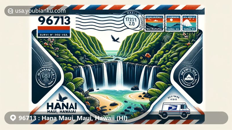 Modern illustration of 96713 ZIP Code area in Hana Maui, Maui, Hawaii, highlighting Hanawi Falls and Waiʻanapanapa State Park, featuring the flag of Hawaii.
