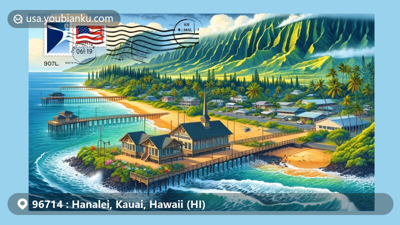 Modern illustration of Hanalei, Kauai, Hawaii, showcasing airmail envelope design with iconic landmarks like Hanalei Bay, Hanalei Pier, and Maniniholo Dry Cave, capturing the town's culture and natural beauty.
