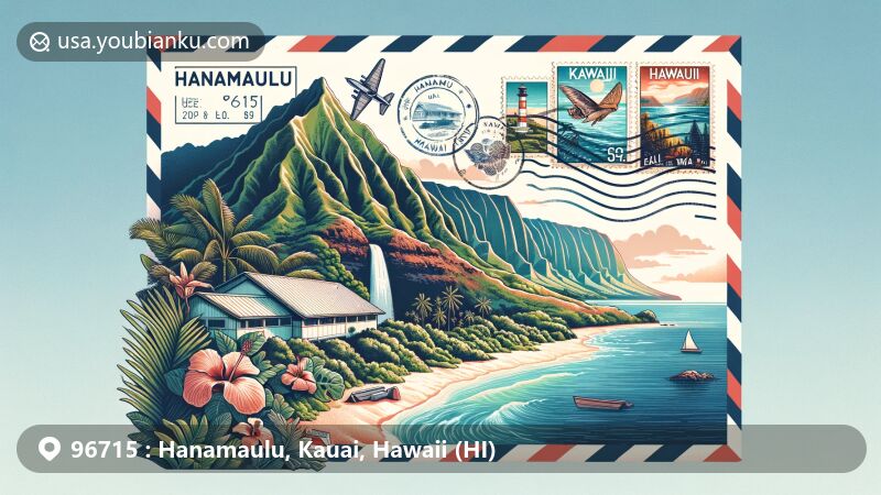 Modern illustration of Hanamaulu, Kauai, Hawaii (HI), capturing lush mountains, Pacific Ocean, and Hanamaulu Beach, along with postal elements like vintage air mail envelope with stamps of Wailua Falls, Ninini Point Lighthouse, and Kauai landscapes.
