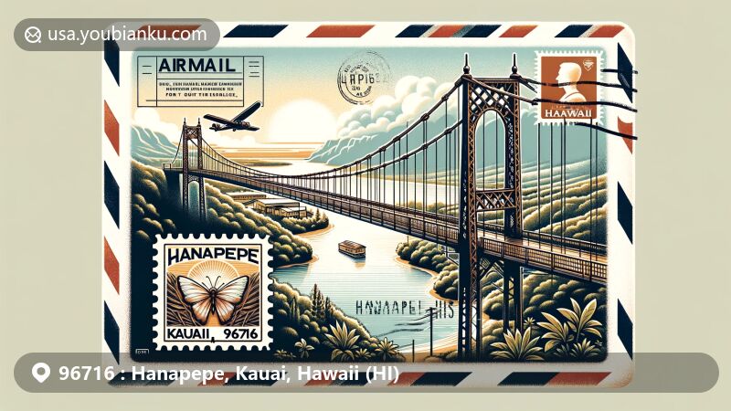 Modern illustration of Hanapepe, Kauai, Hawaii, resembling an airmail envelope with Hanapepe Swinging Bridge and scenic beauty, incorporating Hawaii state flag and postal theme.