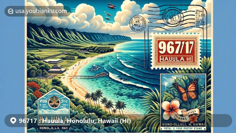 Modern illustration of Hauula, Honolulu, Hawaii, showcasing postal theme with ZIP code 96717, highlighting coastal charm, tropical forests, sugarcane fields, and historic postal elements.