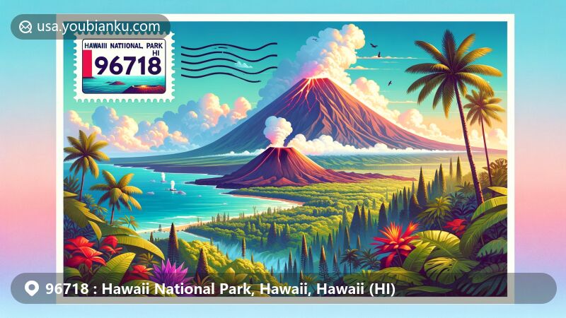 Modern illustration of Hawaii National Park, Hawaii, HI, featuring postal theme with ZIP code 96718, showcasing Kilauea and Mauna Loa volcanoes amidst lush tropical vegetation under a vibrant sky.