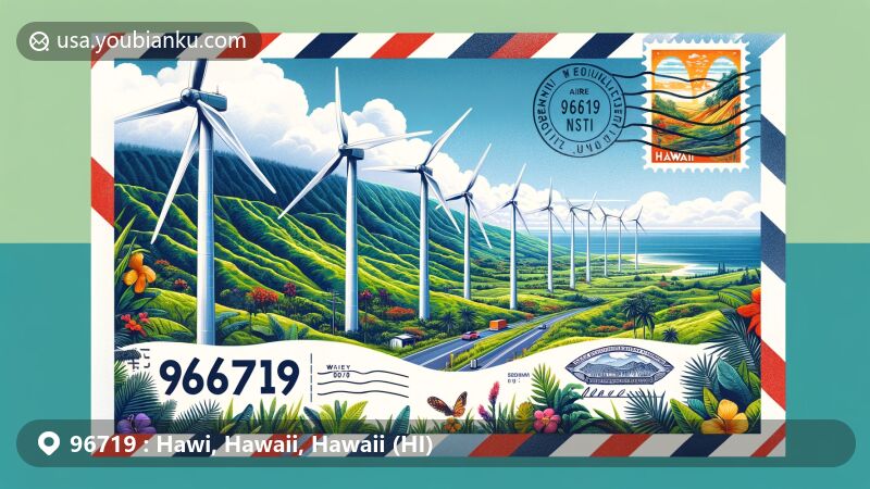 Modern illustration of Hawi, Hawaii, highlighting ZIP code 96719, featuring iconic landmarks, such as the Hawi Wind Farm and lush tropical landscape. Reflects Hawaiian cultural heritage with a vibrant and balanced design.