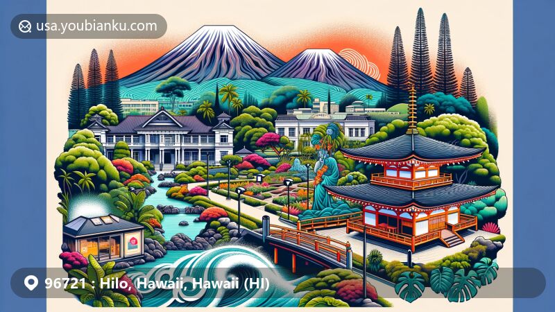 Modern illustration of Hilo, Hawaii, with 96721 ZIP code, showcasing Liliuokalani Park and Gardens, Mauna Kea, Mauna Loa volcanoes, and Pacific Tsunami Museum.