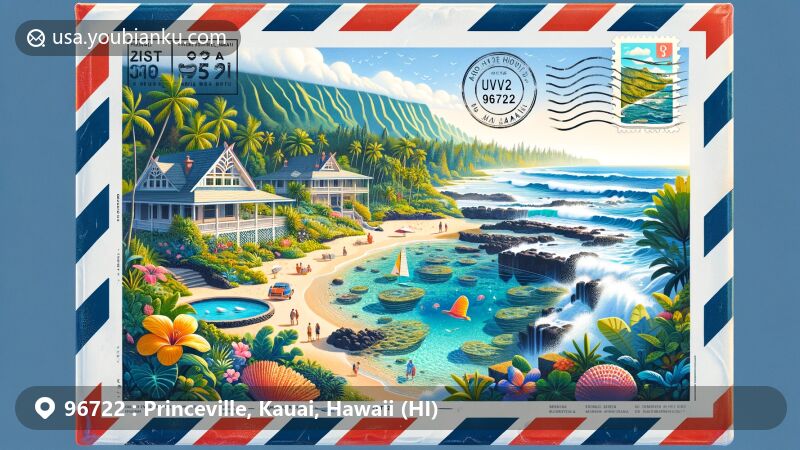 Artistic representation of Princeville, Kauai, Hawaii, featuring Queen's Bath and Princeville Botanical Gardens, creatively depicting postal elements with airmail envelope design.