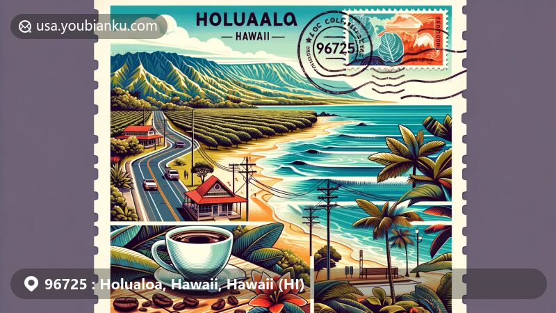 Creative illustration of Holualoa, Hawaii, showcasing 96725 ZIP code with Kona coffee plantation, Magic Sands Beach Park, and local art elements on a postcard design.