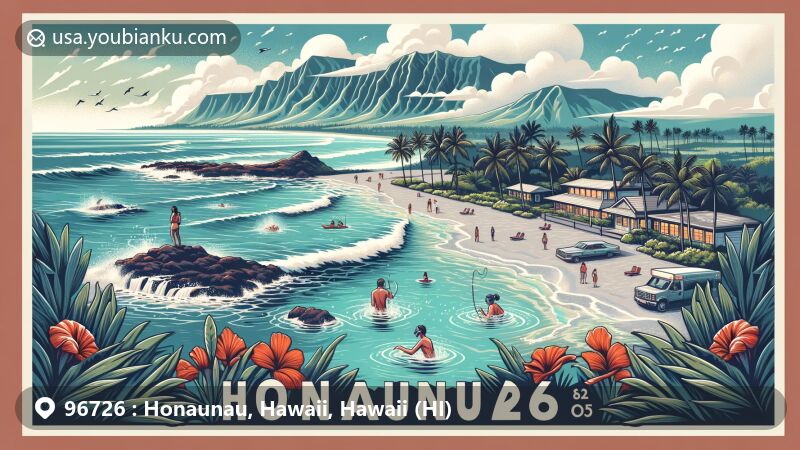 Vibrant illustration of iconic Hawaiian landmarks, including Ho'okena Beach Park, Pu'uhonua o Honaunau National Historic Park, and Two Steps in Honaunau Bay.