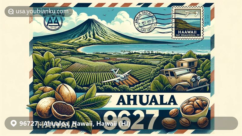 Modern illustration of Ahualoa, Hawaii, highlighting lush greenery and agricultural land against Mauna Kea Volcano backdrop, featuring local products like macadamia nuts and coffee beans, framed within vintage air mail envelope with Hawaiian state flag stamp.