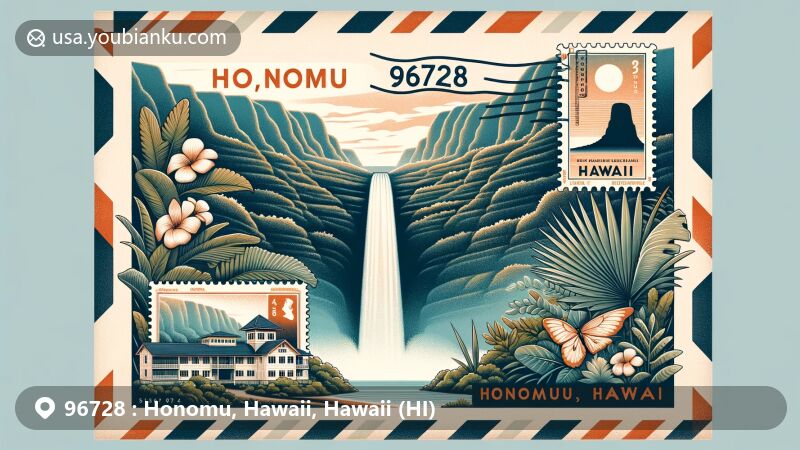 Modern illustration of Honomu, Hawaii, showcasing natural beauty and historical background for ZIP code 96728, featuring Akaka Falls and stylized airmail envelope with Hawaiian flora.