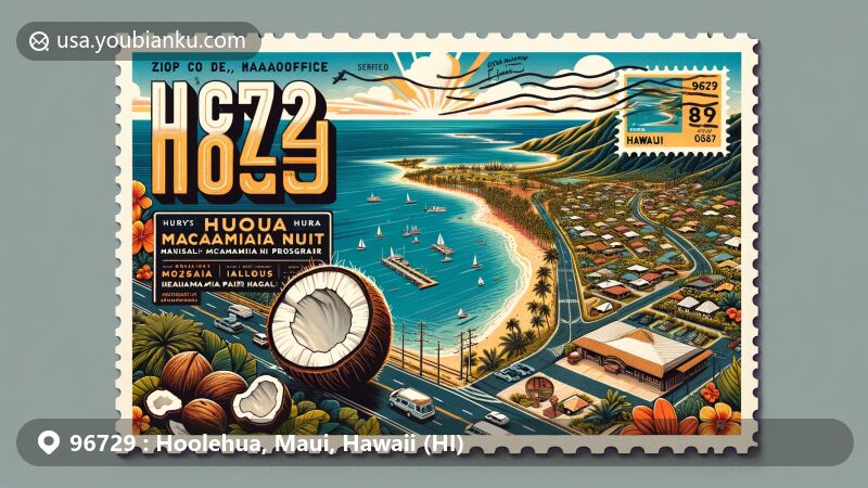 Modern illustration of Hoolehua, Maui, Hawaii, depicting postal theme with ZIP code 96729, showcasing aerial view of the community near Molokai Airport, incorporating Hawaiian cultural elements and unique 'mail a coconut' activity, featuring palm trees, ocean, and macadamia nuts representing Purdy's Macadamia Nut Farm.