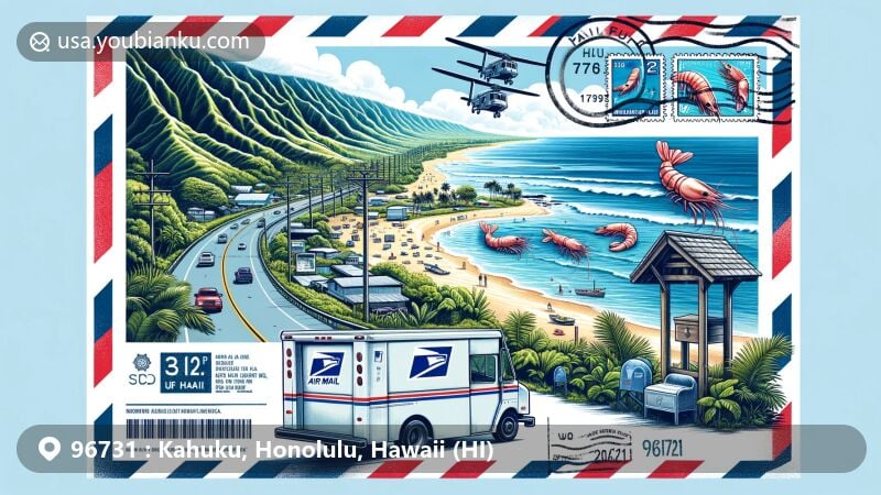 Modern illustration of Kahuku, Honolulu, Hawaii, blending natural beauty with postal elements, showcasing beaches, green hills, and shrimp trucks within an airmail envelope design.