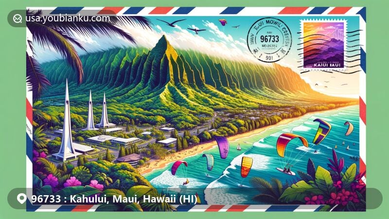 Illustration of Kahului, Maui, Hawaii, with postal theme for ZIP code 96733, showcasing Iao Valley with iconic Iao Needle, Kanaha Beach windsurfing, Maui Arts and Cultural Center, helicopter tour views, Hawaii state flag stamp, and vintage air mail elements.