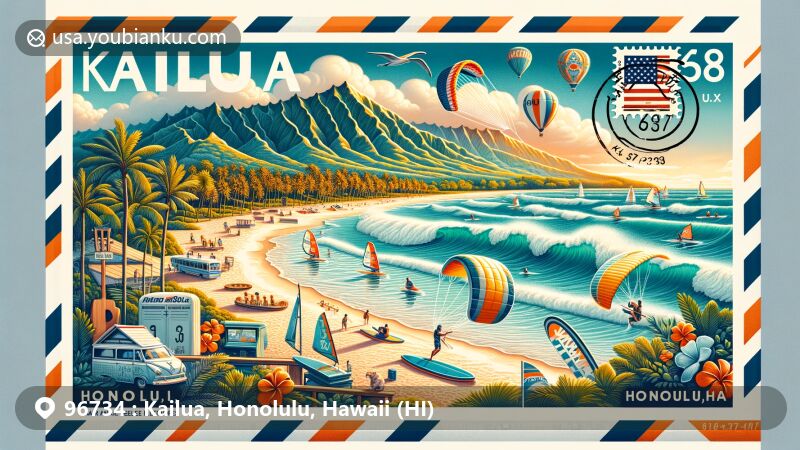 Modern illustration of Kailua, Honolulu, Hawaii, showcasing iconic landmarks like Kailua Beach, Lanikai Beach, and Kawainui Marsh, along with Hawaiian cultural symbols such as surfboard, paddleboard, and canoe, incorporating vintage postal elements and Hawaii state flag.
