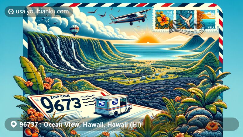 Modern illustration of Ocean View, Hawaii, capturing ZIP code 96737 within a vibrant depiction of the diverse landscape, including lava fields, lush jungles, mountains, and ocean views. Kula Kai Caverns and Hawaiian symbols highlighted.