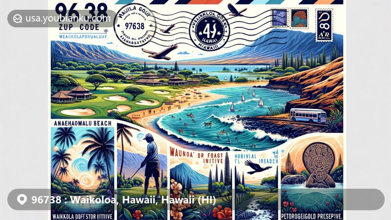 Modern illustration of Waikoloa, Hawaii, showcasing postal theme with ZIP code 96738, featuring Anaeho’omalu Beach, Mauna Lani Golf, Waikoloa Dry Forest Initiative, 49 Black Sand Beach, and Waikoloa Petroglyph Preserve.